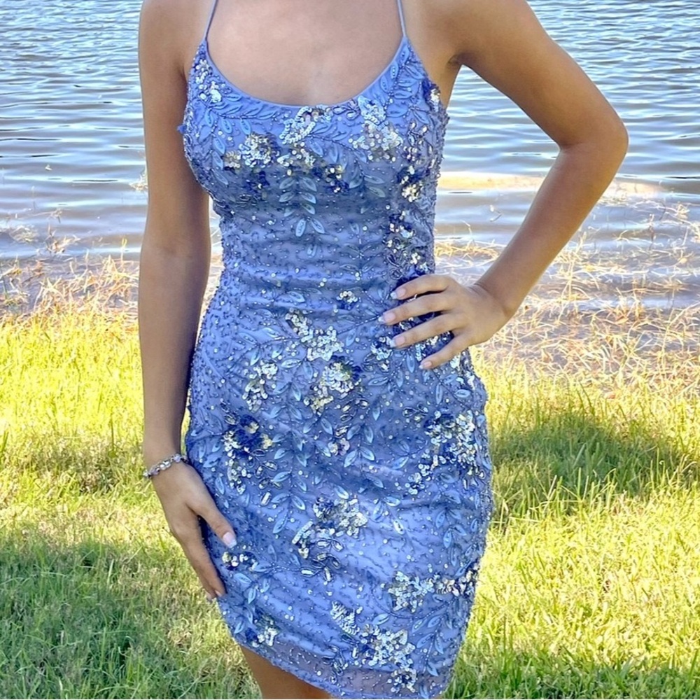 Blue Embellished Spaghetti-Strap Dress